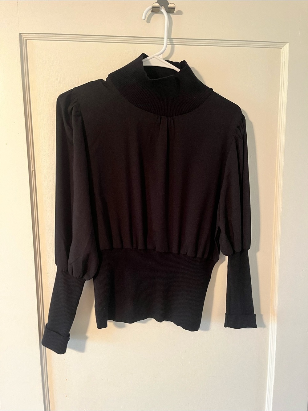 French Connection Black Mock Neck Puff-Sleeve Women's Top